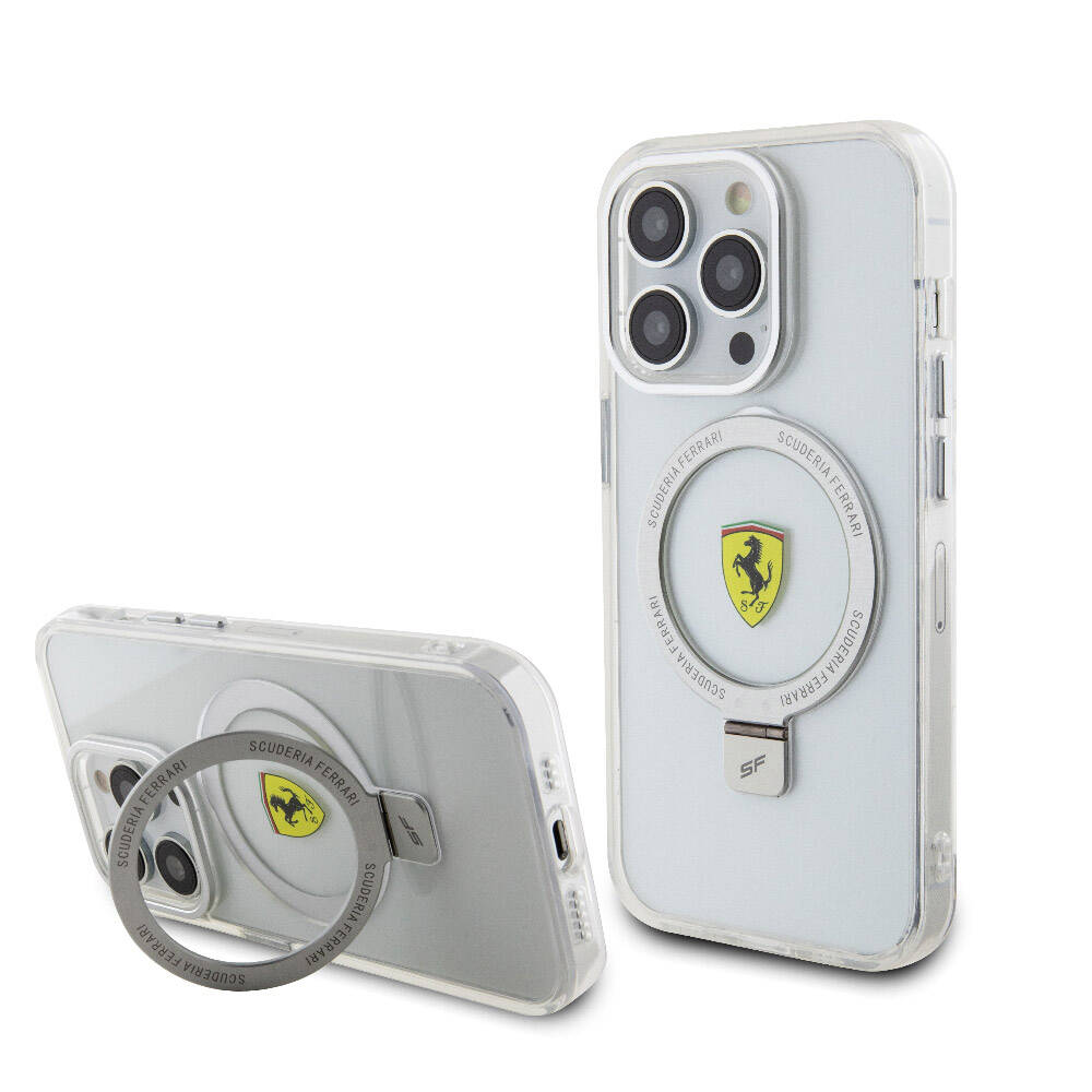 iPhone 15 Pro Kılıf Ferrari Magsafe Şarj Özellikli Standlı Buzlu Yüzey Dizayn Kılıf Gümüş