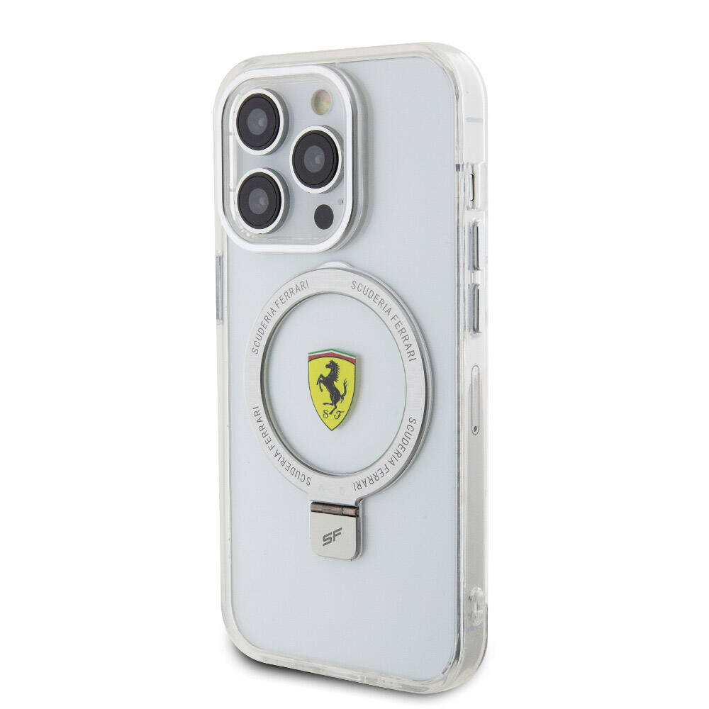iPhone 15 Pro Kılıf Ferrari Magsafe Şarj Özellikli Standlı Buzlu Yüzey Dizayn Kılıf Transparan Siyah