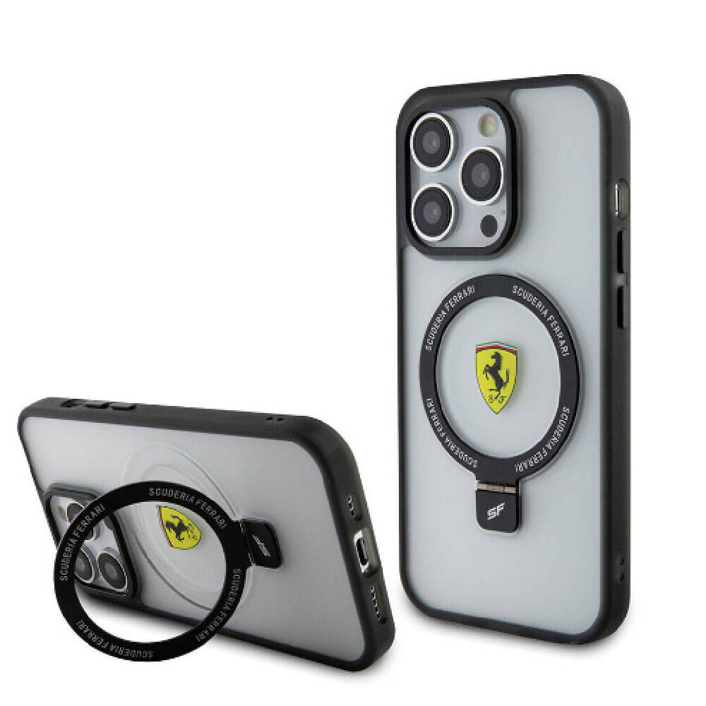 iPhone 15 Pro Kılıf Ferrari Magsafe Şarj Özellikli Standlı Buzlu Yüzey Dizayn Kılıf Siyah