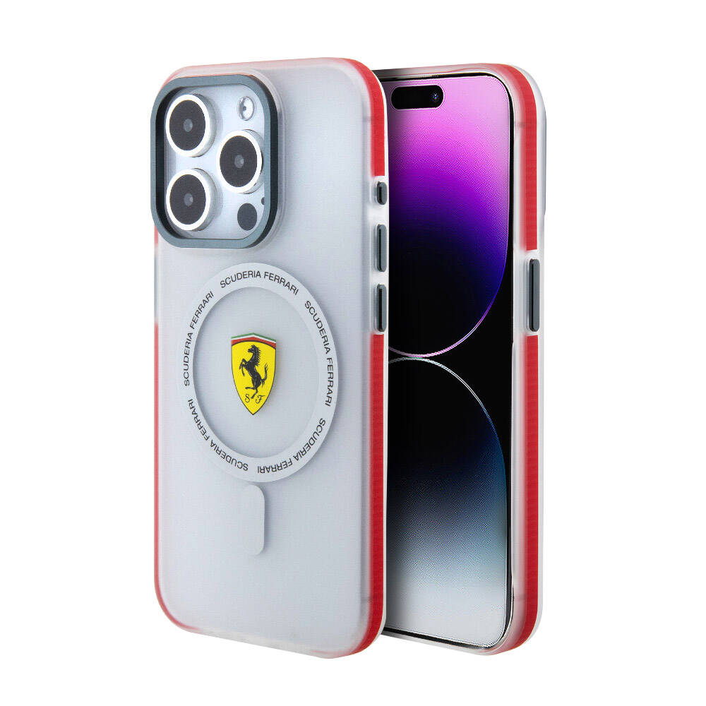 iPhone 15 Pro Kılıf Ferrari Orjinal Lisanslı Magsafe Şarj Özellikli Kontrast Bumper SF Ring Kılıf Kırmızı