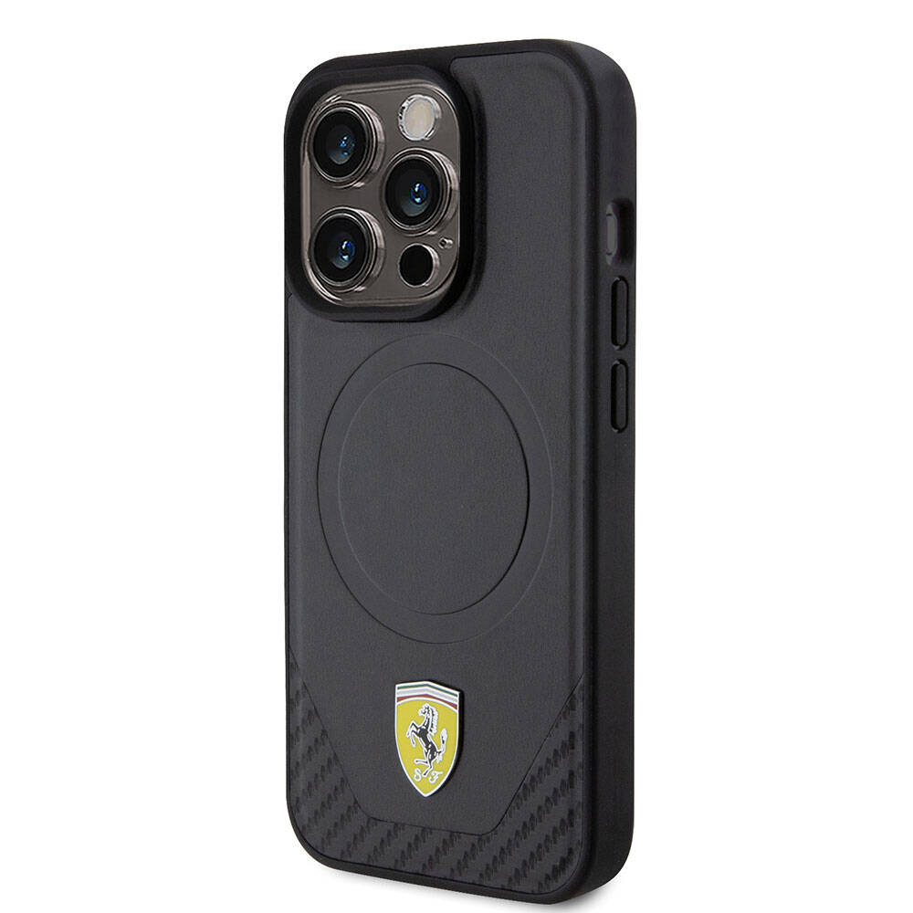 iPhone 15 Pro Kılıf Ferrari Orjinal Lisanslı Magsafe Şarj Özellikli Metal Logolu PU Karbon Kılıf Kırmızı