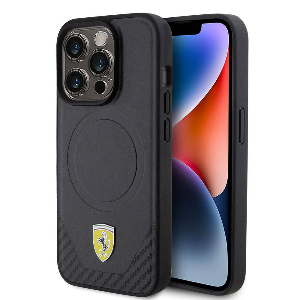 iPhone 15 Pro Kılıf Ferrari Orjinal Lisanslı Magsafe Şarj Özellikli Metal Logolu PU Karbon Kılıf Siyah