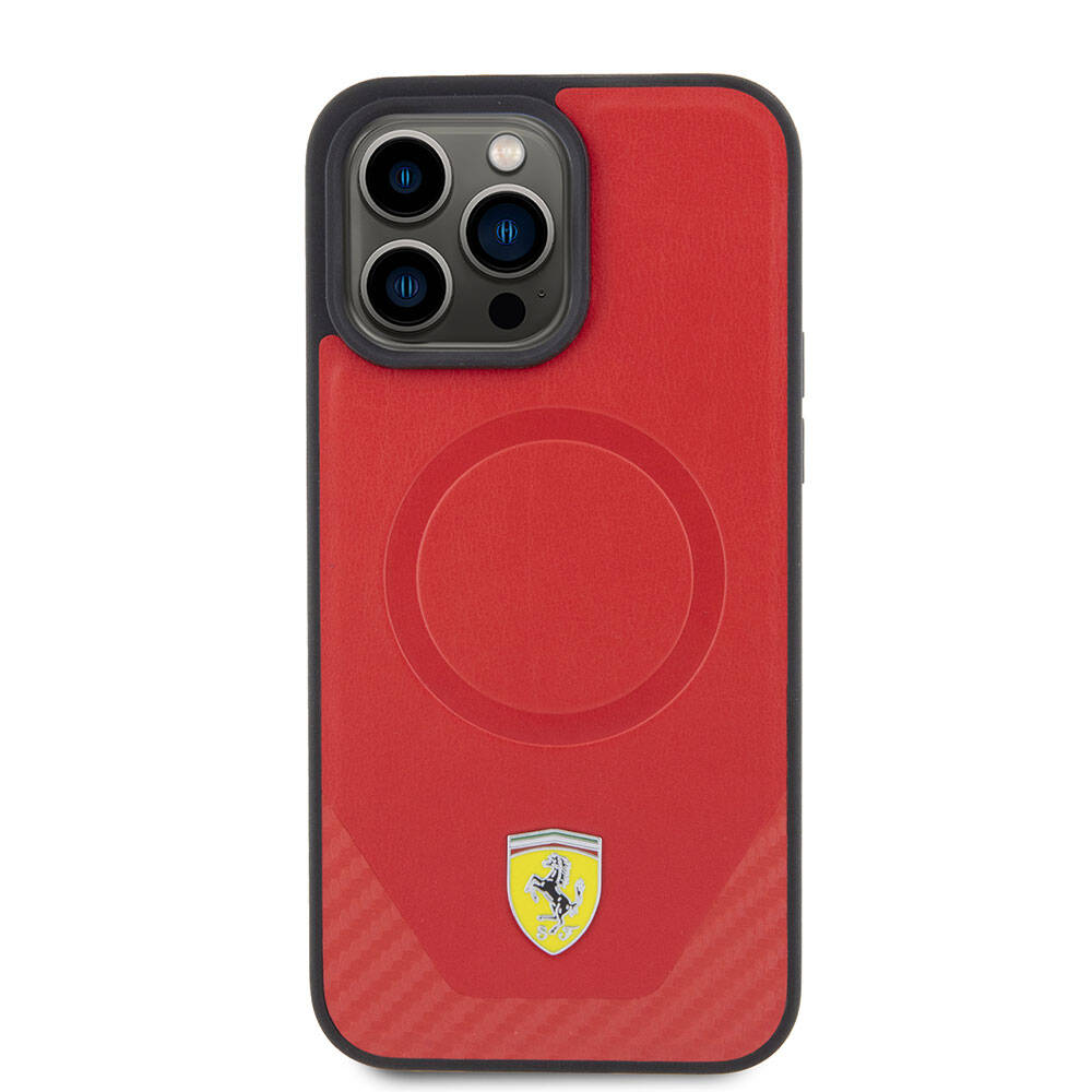 iPhone 15 Pro Kılıf Ferrari Orjinal Lisanslı Magsafe Şarj Özellikli Metal Logolu PU Karbon Kılıf Kırmızı