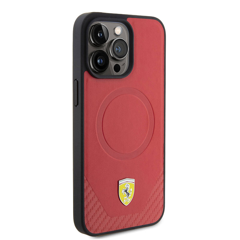 iPhone 15 Pro Kılıf Ferrari Orjinal Lisanslı Magsafe Şarj Özellikli Metal Logolu PU Karbon Kılıf Kırmızı