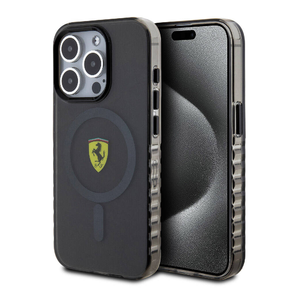 iPhone 15 Pro Kılıf Ferrari Orjinal Lisanslı Magsafe Şarj Özellikli Tırtıklı Kenar Tasarımlı Ortalanmış Logo Kılıf Siyah