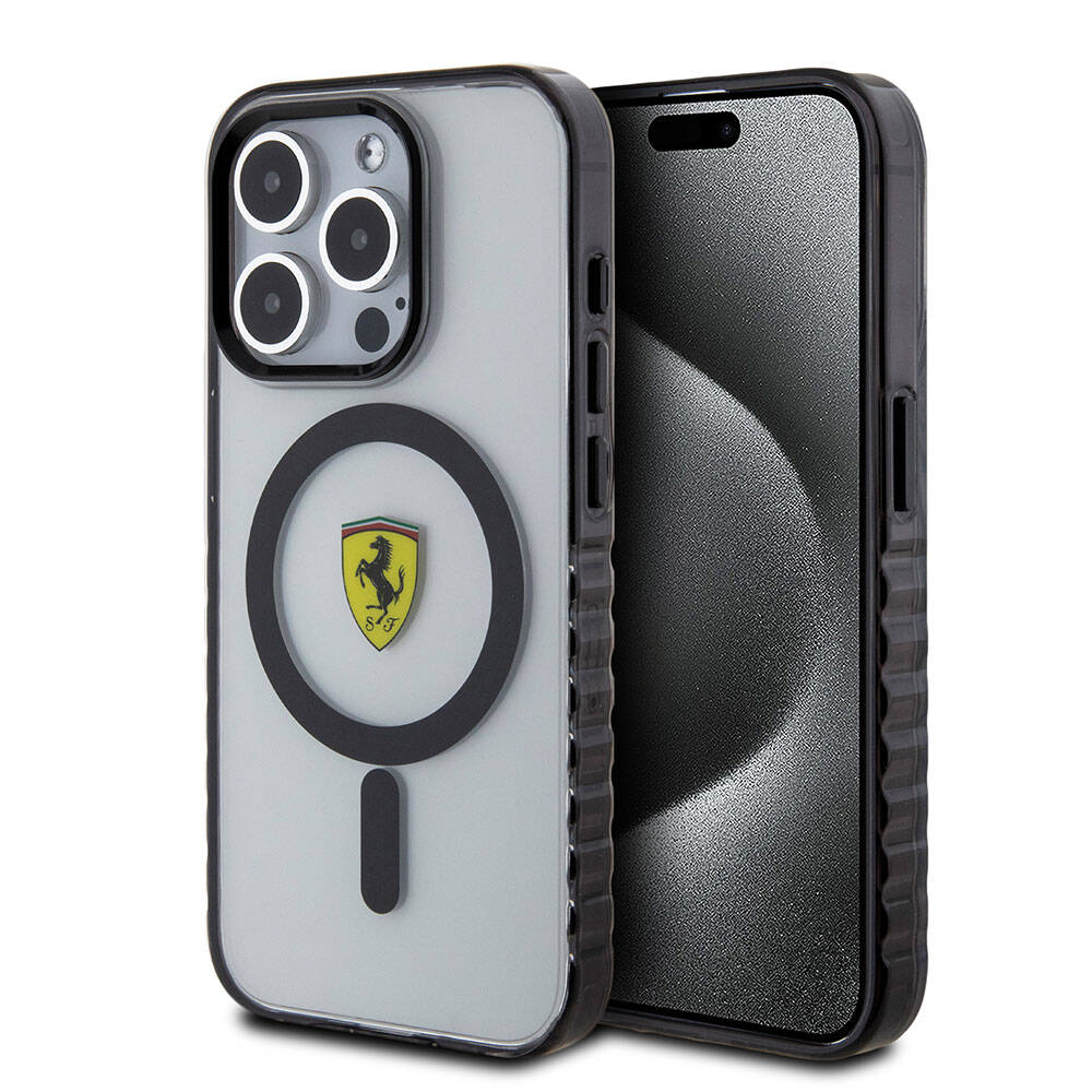 iPhone 15 Pro Kılıf Ferrari Orjinal Lisanslı Magsafe Şarj Özellikli Tırtıklı Kenar Tasarımlı Ortalanmış Logo Kılıf Renksiz
