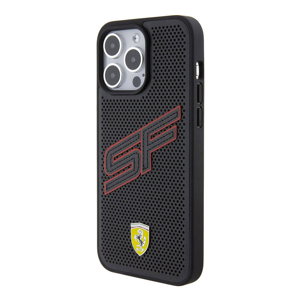 iPhone 15 Pro Kılıf Ferrari Orjinal Lisanslı PU Delikli Arka Yüzey Metal Logolu Dikişli Büyük SF Yazılı Kılıf Siyah
