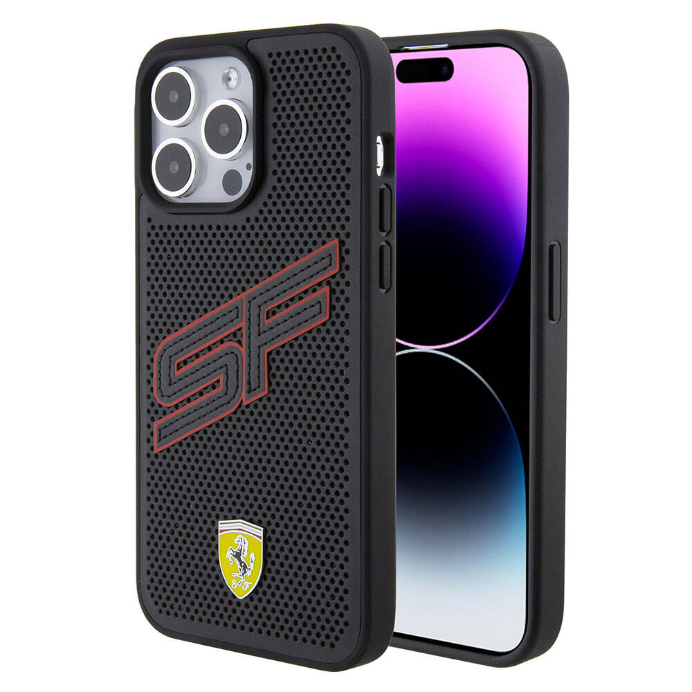 iPhone 15 Pro Kılıf Ferrari Orjinal Lisanslı PU Delikli Arka Yüzey Metal Logolu Dikişli Büyük SF Yazılı Kılıf Siyah