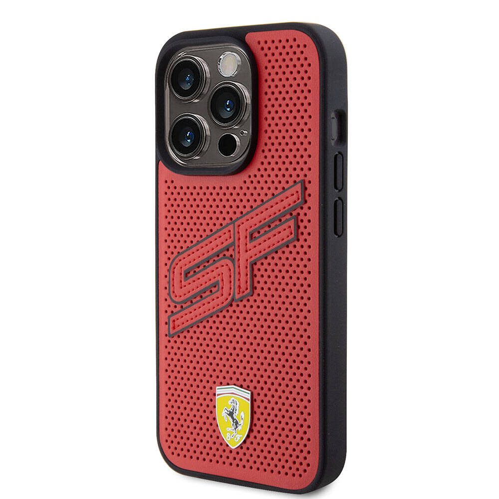 iPhone 15 Pro Kılıf Ferrari Orjinal Lisanslı PU Delikli Arka Yüzey Metal Logolu Dikişli Büyük SF Yazılı Kılıf Kırmızı