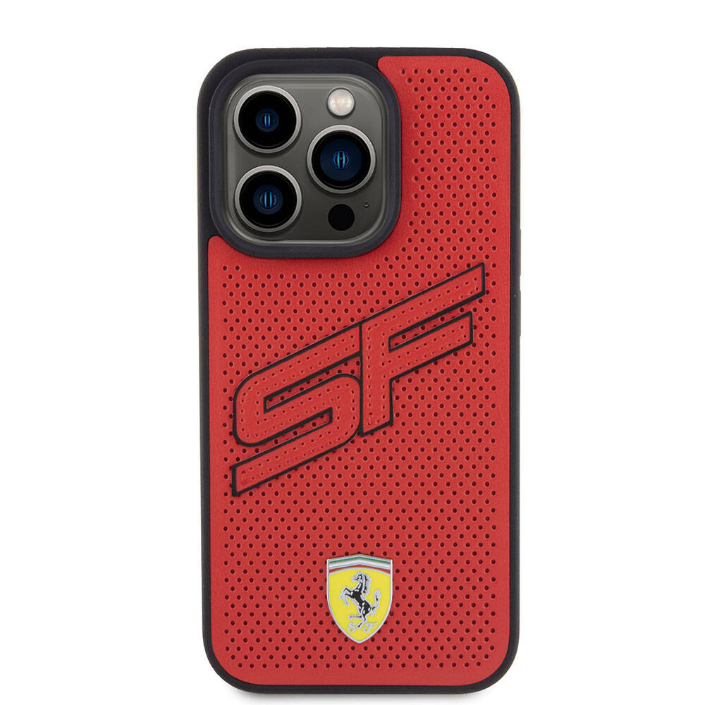 iPhone 15 Pro Kılıf Ferrari Orjinal Lisanslı PU Delikli Arka Yüzey Metal Logolu Dikişli Büyük SF Yazılı Kılıf Kırmızı
