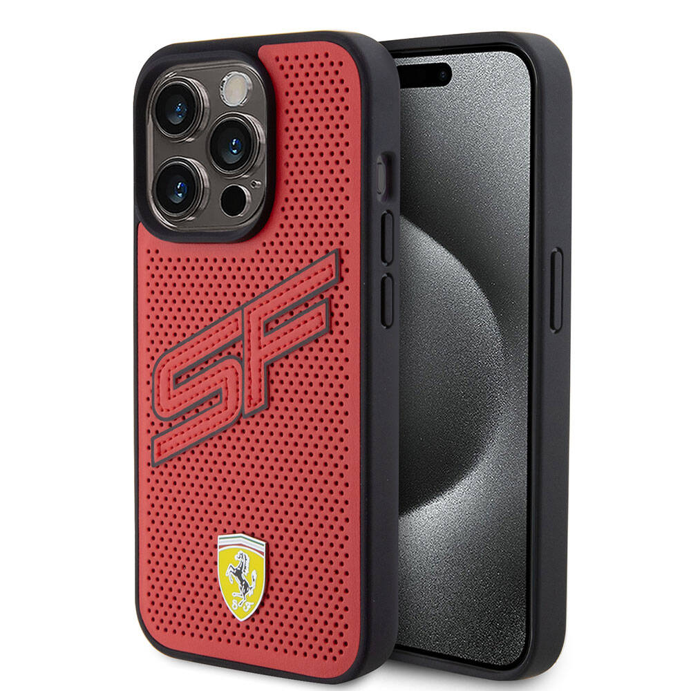 iPhone 15 Pro Kılıf Ferrari Orjinal Lisanslı PU Delikli Arka Yüzey Metal Logolu Dikişli Büyük SF Yazılı Kılıf Kırmızı