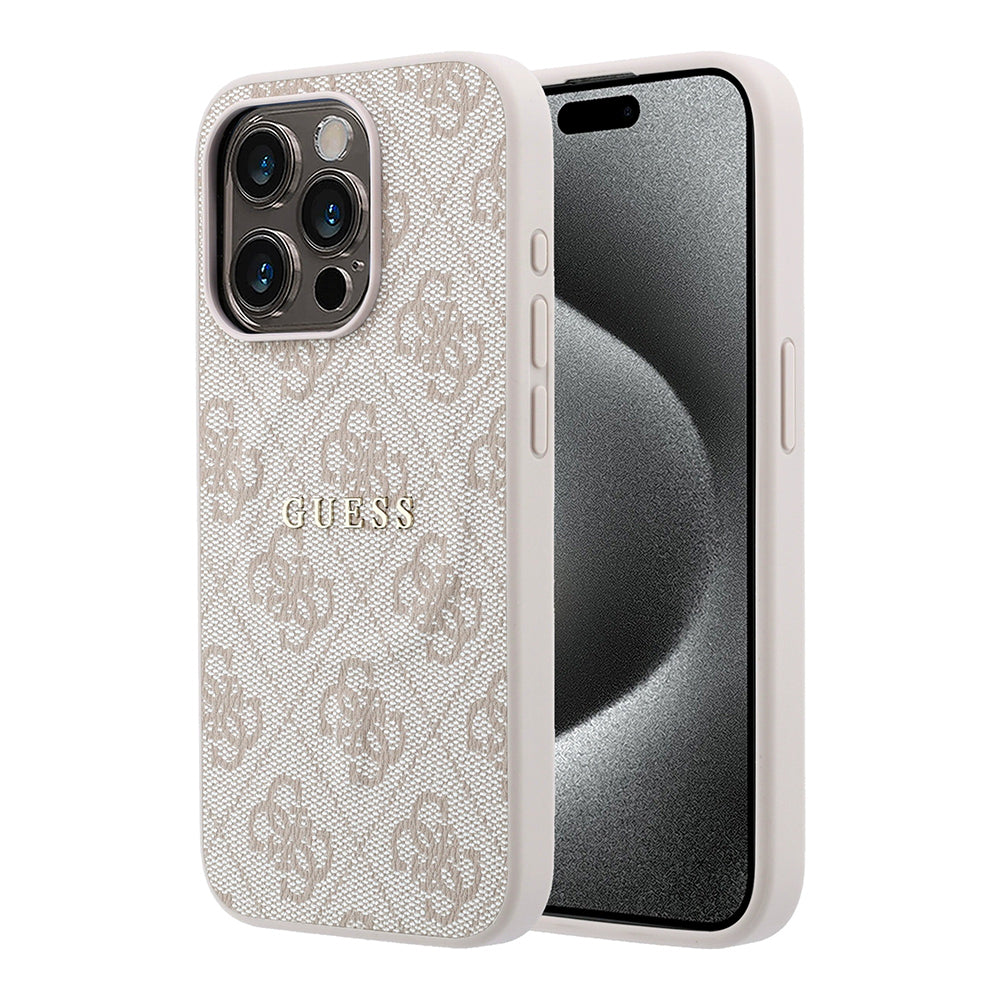Apple iPhone 15 Pro Kılıf Guess Orjinal Lisanslı M-safe Kabartmalı 4G Desenli Yazı Logolu Kapak Pembe