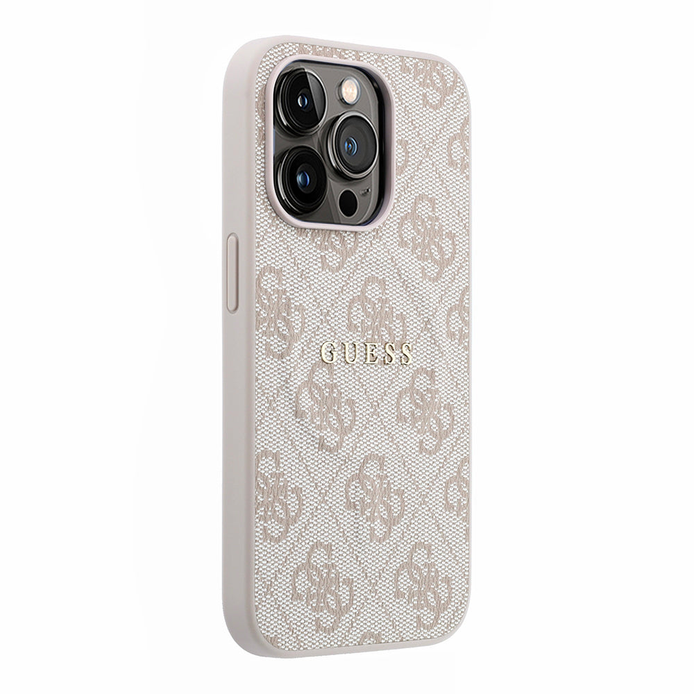 Apple iPhone 15 Pro Kılıf Guess Orjinal Lisanslı M-safe Kabartmalı 4G Desenli Yazı Logolu Kapak Pembe
