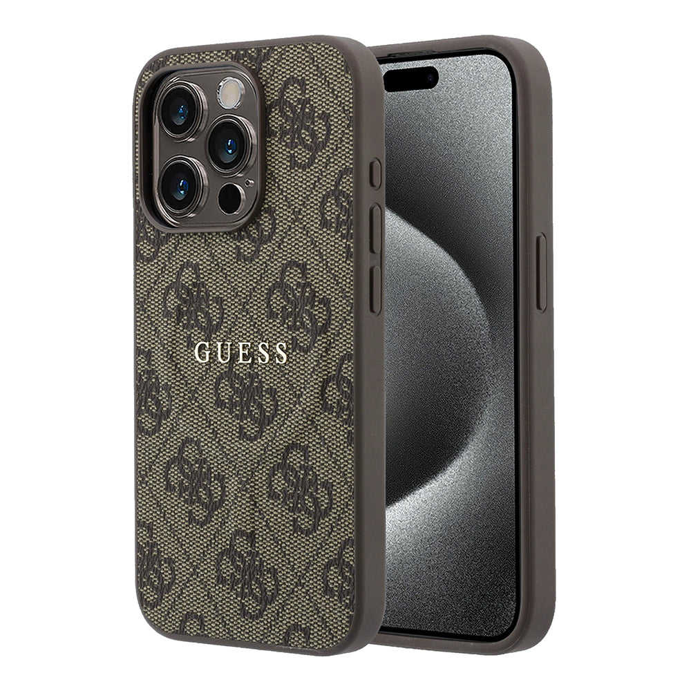 Apple iPhone 15 Pro Kılıf Guess Orjinal Lisanslı M-safe Kabartmalı 4G Desenli Yazı Logolu Kapak Kahverengi