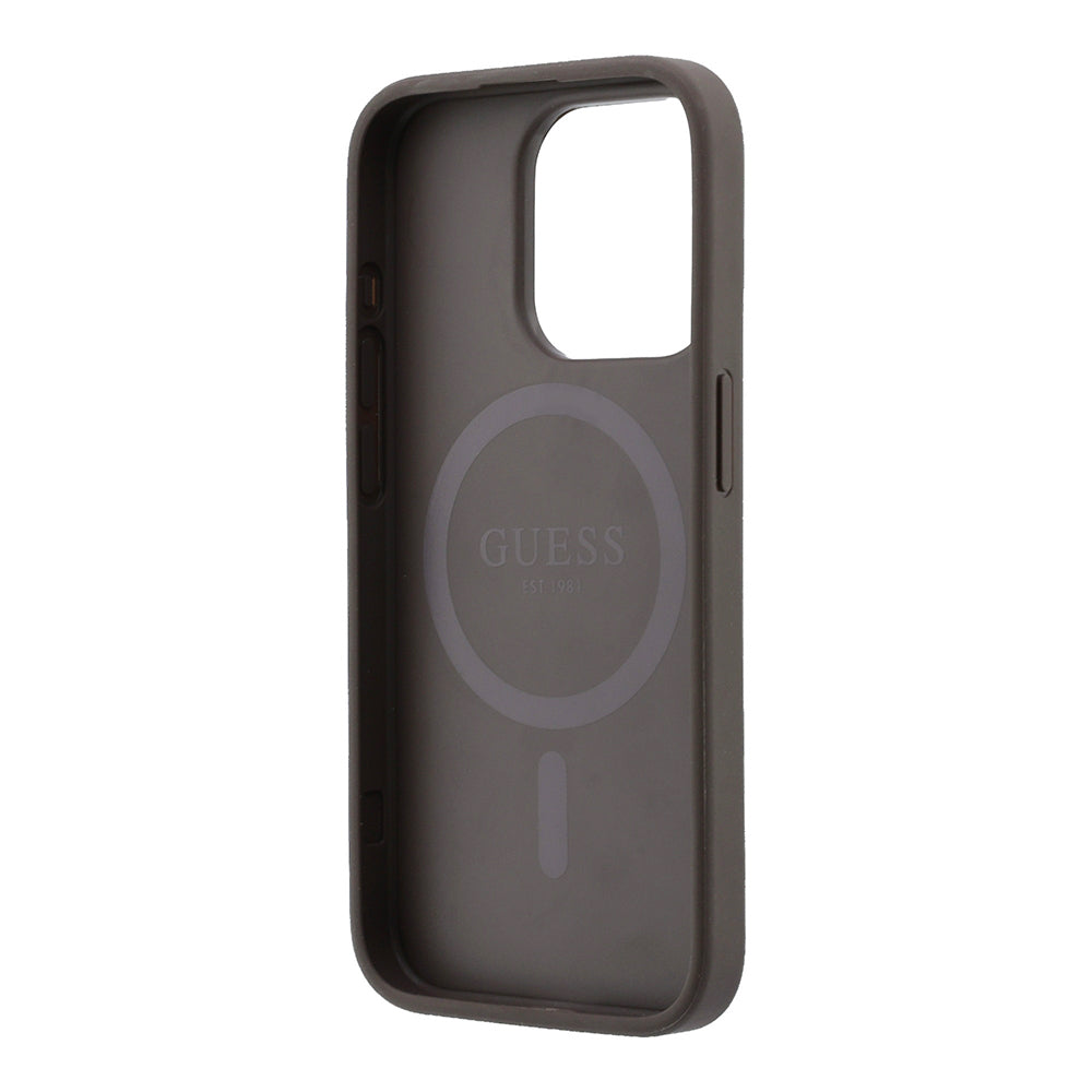 Apple iPhone 15 Pro Kılıf Guess Orjinal Lisanslı M-safe Kabartmalı 4G Desenli Yazı Logolu Kapak Kahverengi