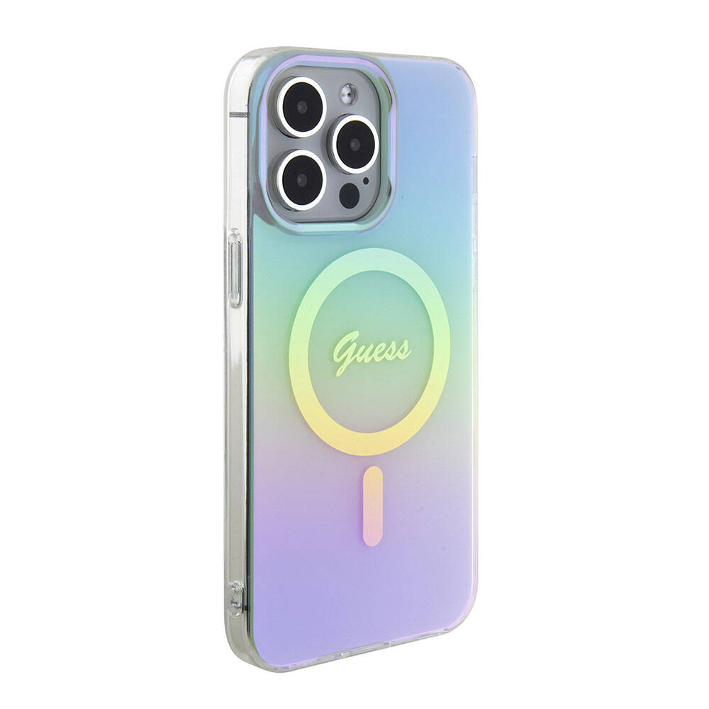 Apple iPhone 15 Pro Kılıf Guess Orjinal Lisanslı Magsafe Şarj Özellikli Yazı Logolu Iridescent Kapak Turkuaz