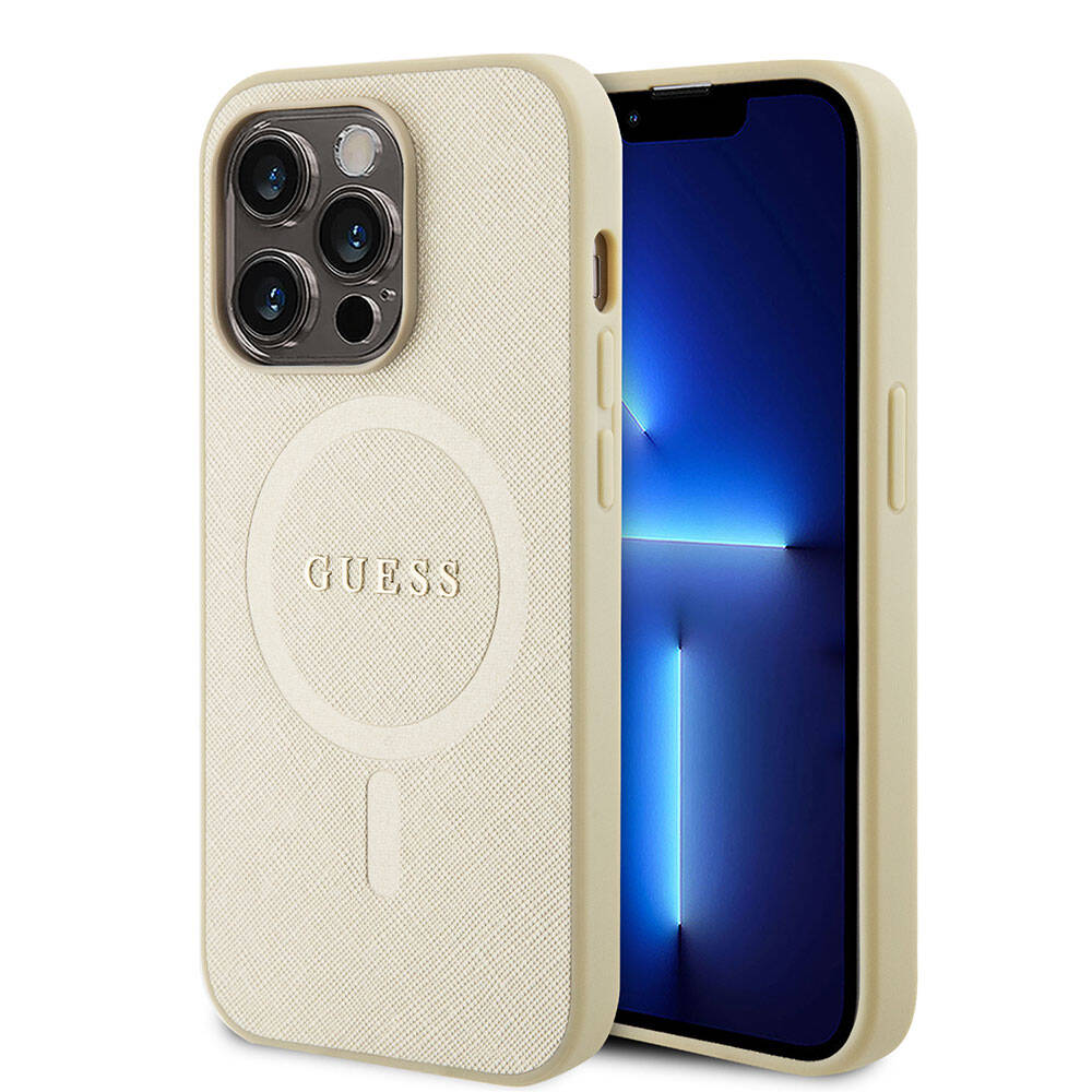 Apple iPhone 15 Pro Kılıf Guess Orjinal Lisanslı Magsafe Şarj Özellikli Yazı Logolu Saffiano Kapak Krem