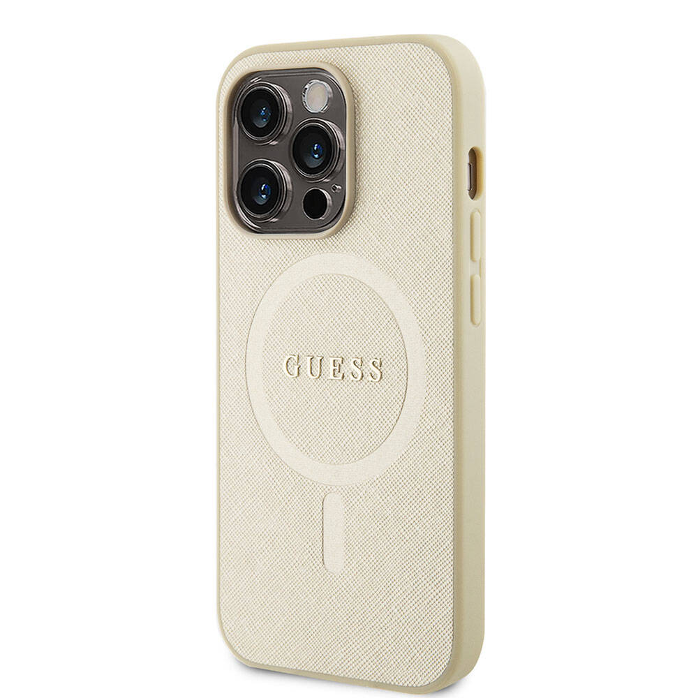 Apple iPhone 15 Pro Kılıf Guess Orjinal Lisanslı Magsafe Şarj Özellikli Yazı Logolu Saffiano Kapak Krem