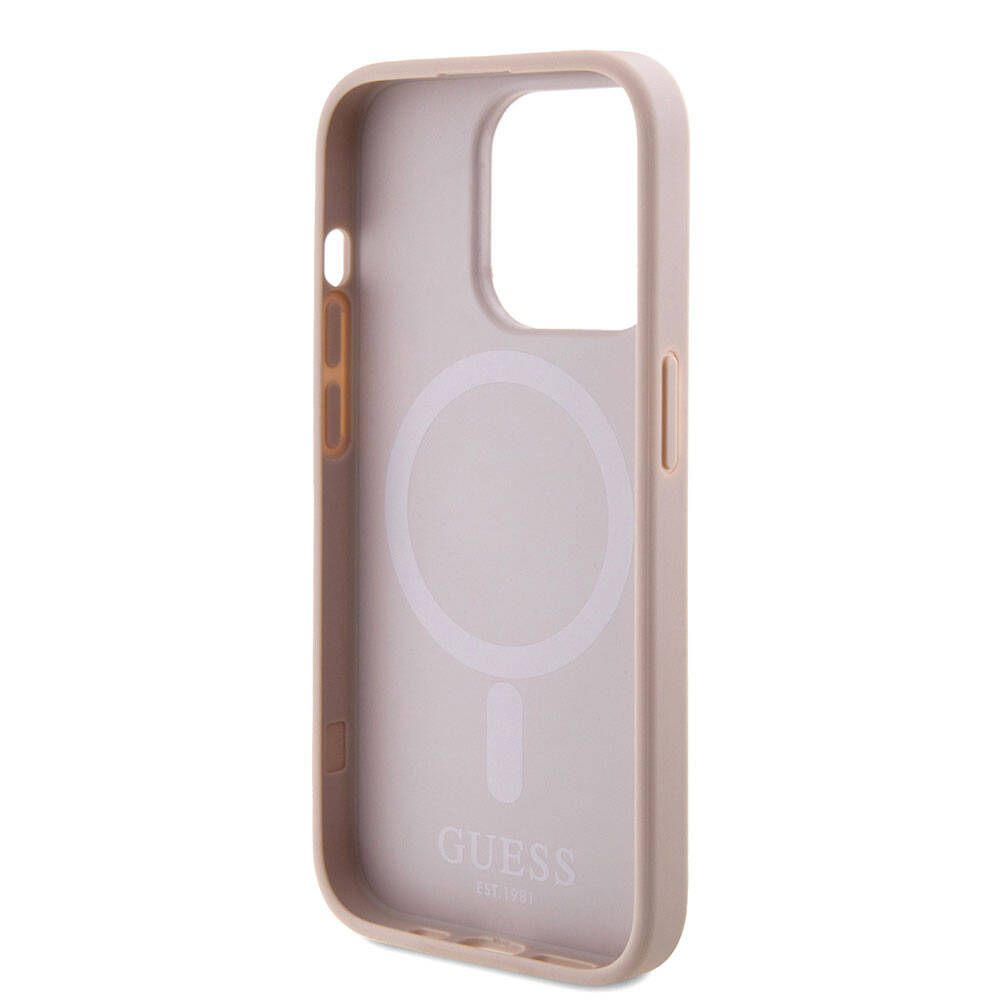 Apple iPhone 15 Pro Kılıf Guess Orjinal Lisanslı Magsafe Şarj Özellikli Yazı Logolu Saffiano Kapak Krem