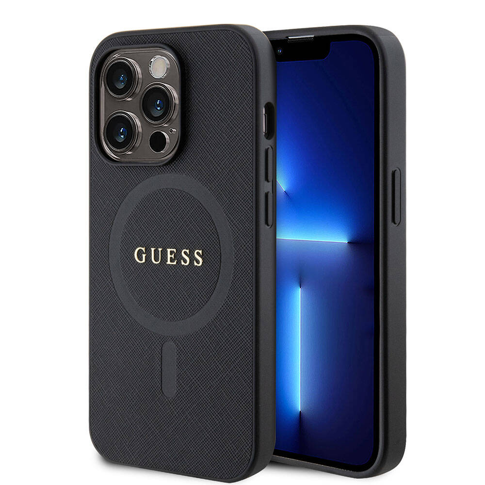 Apple iPhone 15 Pro Kılıf Guess Orjinal Lisanslı Magsafe Şarj Özellikli Yazı Logolu Saffiano Kapak Krem