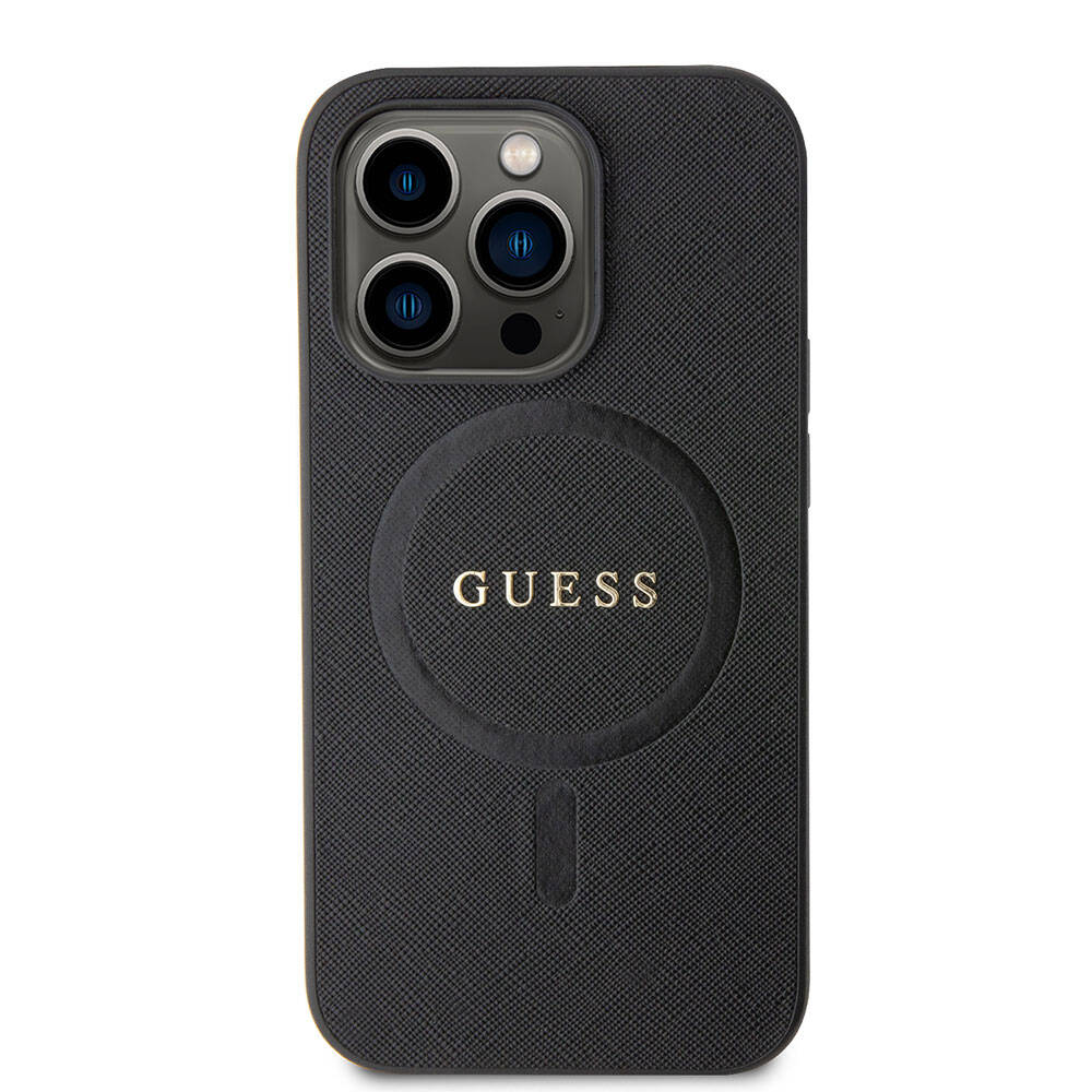 Apple iPhone 15 Pro Kılıf Guess Orjinal Lisanslı Magsafe Şarj Özellikli Yazı Logolu Saffiano Kapak Krem