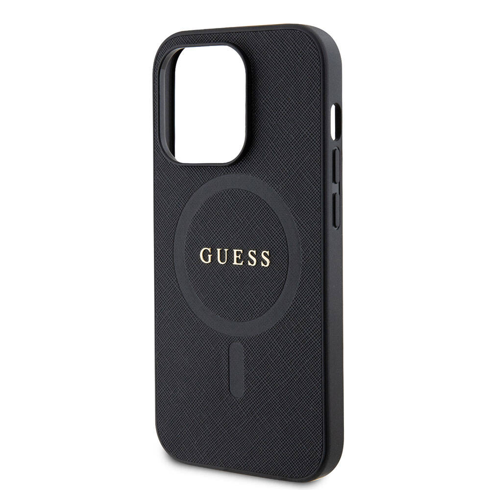 Apple iPhone 15 Pro Kılıf Guess Orjinal Lisanslı Magsafe Şarj Özellikli Yazı Logolu Saffiano Kapak Krem