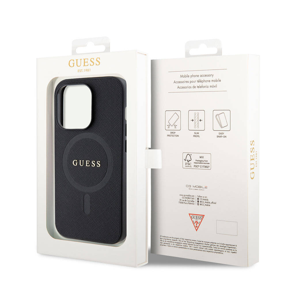 Apple iPhone 15 Pro Kılıf Guess Orjinal Lisanslı Magsafe Şarj Özellikli Yazı Logolu Saffiano Kapak Krem
