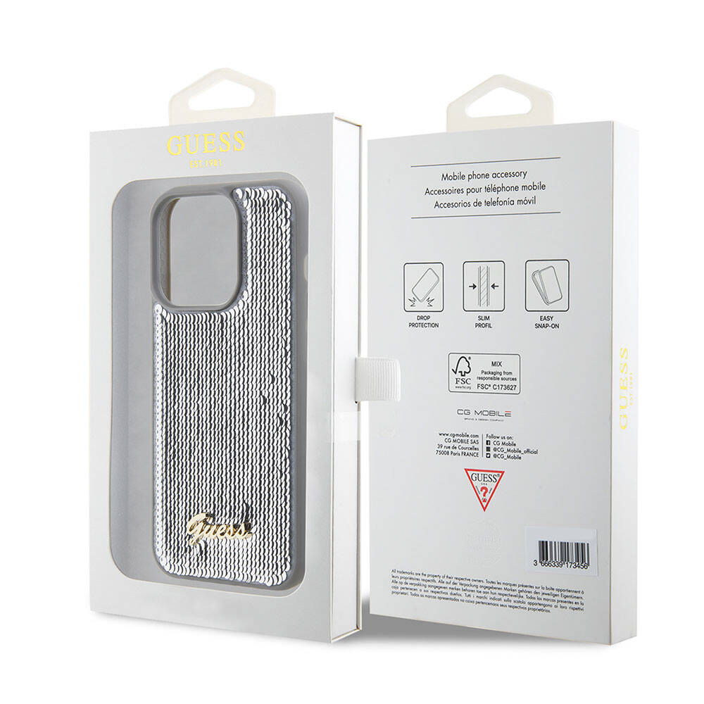 Apple iPhone 15 Pro Kılıf Guess Orjinal Lisanslı Pullu Arka Yüzey Metal Yazı Logolu Sequin Script Kapak Siyah