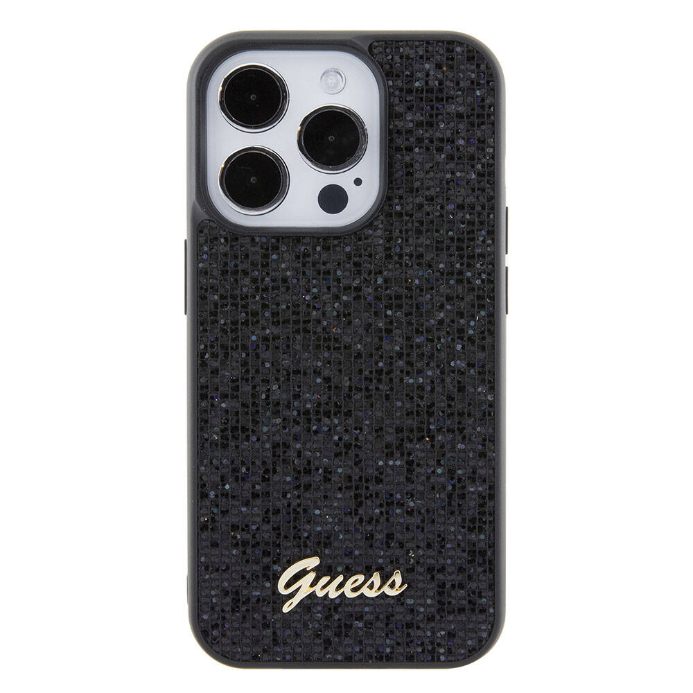 Apple iPhone 15 Pro Kılıf Guess Orjinal Lisanslı Yazı Logolu Disco Script Metal Kapak Siyah