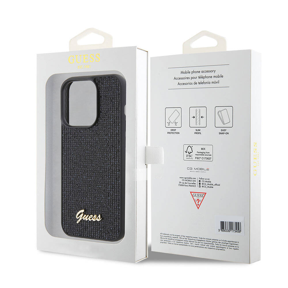 Apple iPhone 15 Pro Kılıf Guess Orjinal Lisanslı Yazı Logolu Disco Script Metal Kapak Siyah