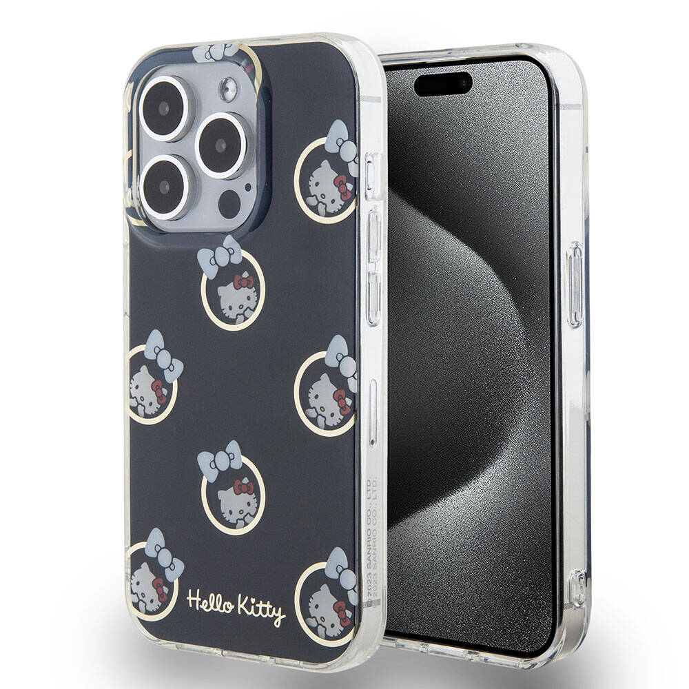 iPhone 15 Pro Kılıf Hello Kitty Orjinal Lisanslı Elektroplating Kaplama Kabarcık Baskılı Kılıf Siyah