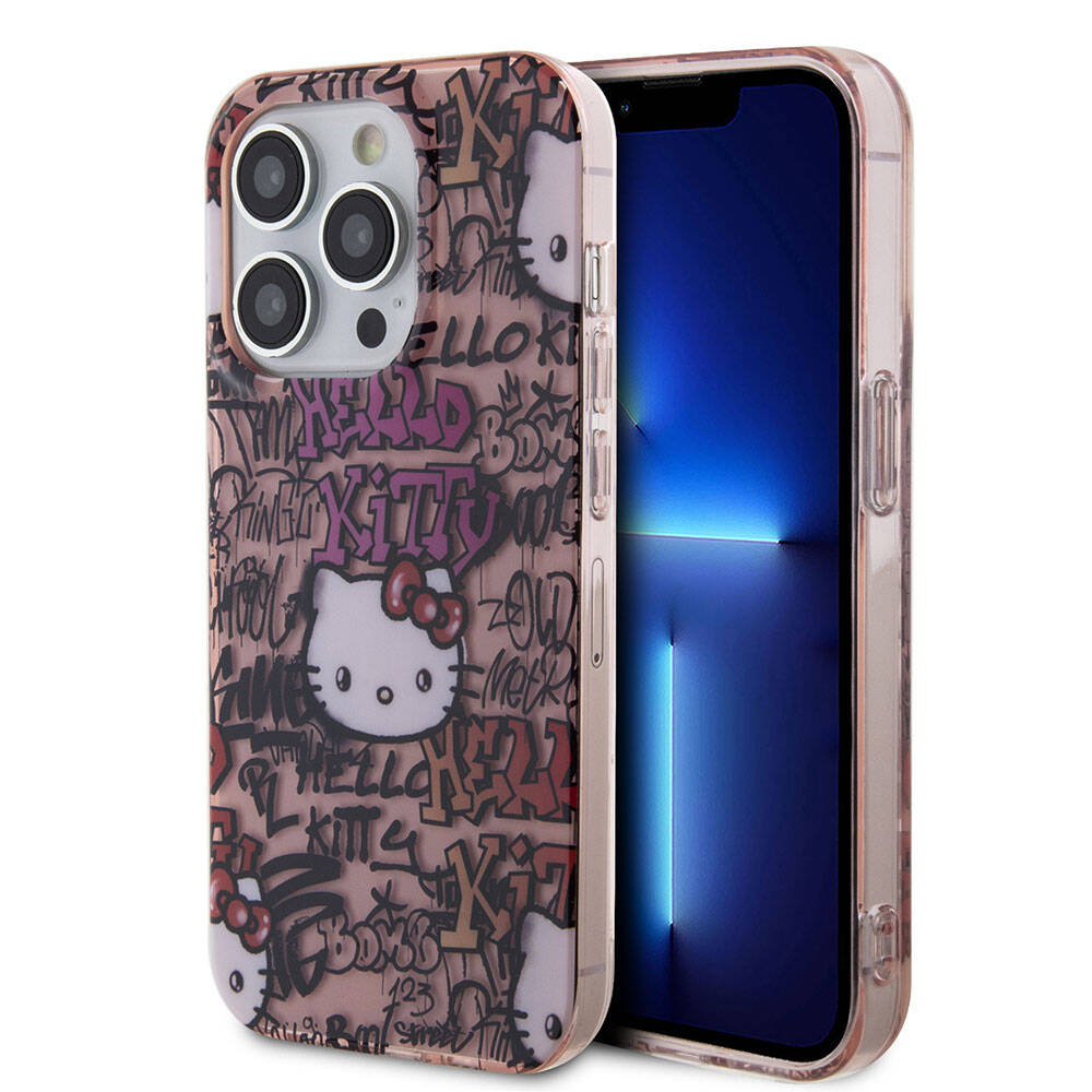 iPhone 15 Pro Kılıf Hello Kitty Orjinal Lisanslı İkonik Logolu Etiket Graffiti Kılıf Pembe