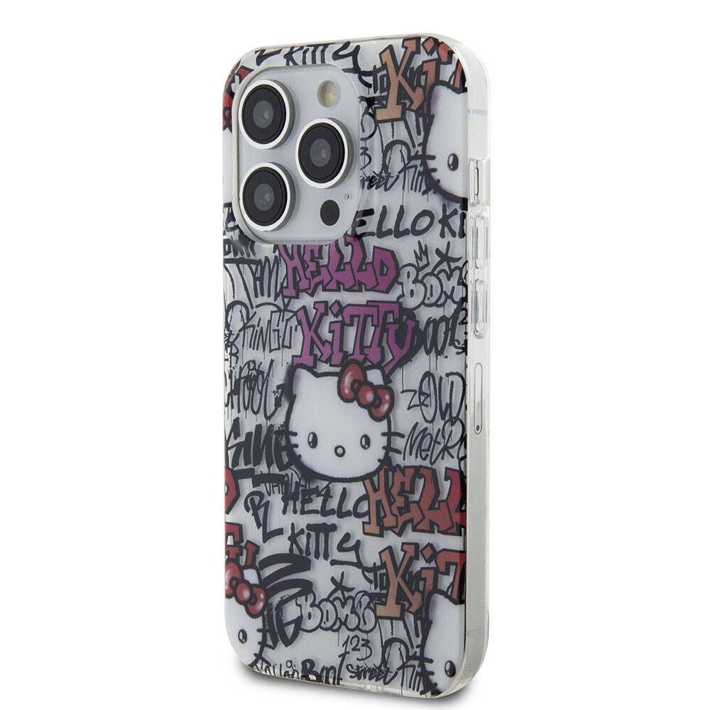 iPhone 15 Pro Kılıf Hello Kitty Orjinal Lisanslı İkonik Logolu Etiket Graffiti Kılıf Beyaz