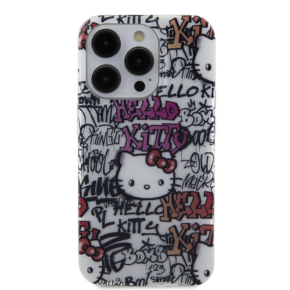 iPhone 15 Pro Kılıf Hello Kitty Orjinal Lisanslı İkonik Logolu Etiket Graffiti Kılıf Pembe