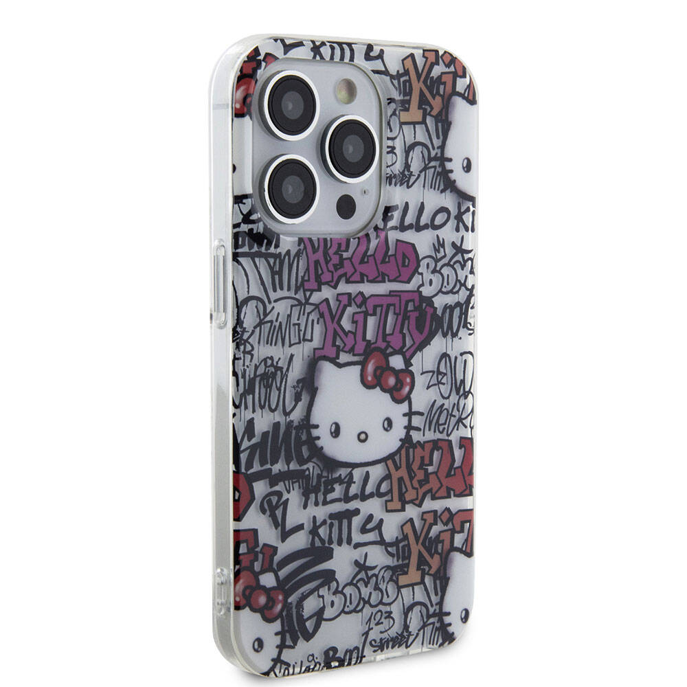 iPhone 15 Pro Kılıf Hello Kitty Orjinal Lisanslı İkonik Logolu Etiket Graffiti Kılıf Beyaz
