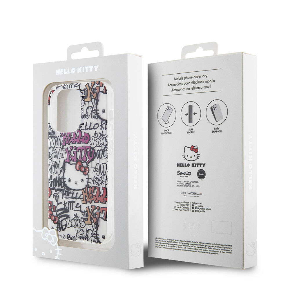iPhone 15 Pro Kılıf Hello Kitty Orjinal Lisanslı İkonik Logolu Etiket Graffiti Kılıf Beyaz