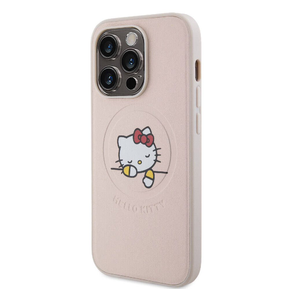 iPhone 15 Pro Kılıf Hello Kitty Orjinal Lisanslı Magsafe Şarj Özellikli Baskı Logolu Uyuyan Kitty Deri Kılıf Pembe