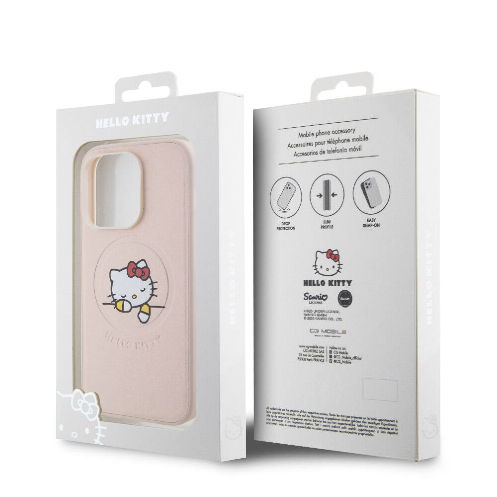 iPhone 15 Pro Kılıf Hello Kitty Orjinal Lisanslı Magsafe Şarj Özellikli Baskı Logolu Uyuyan Kitty Deri Kılıf Pembe