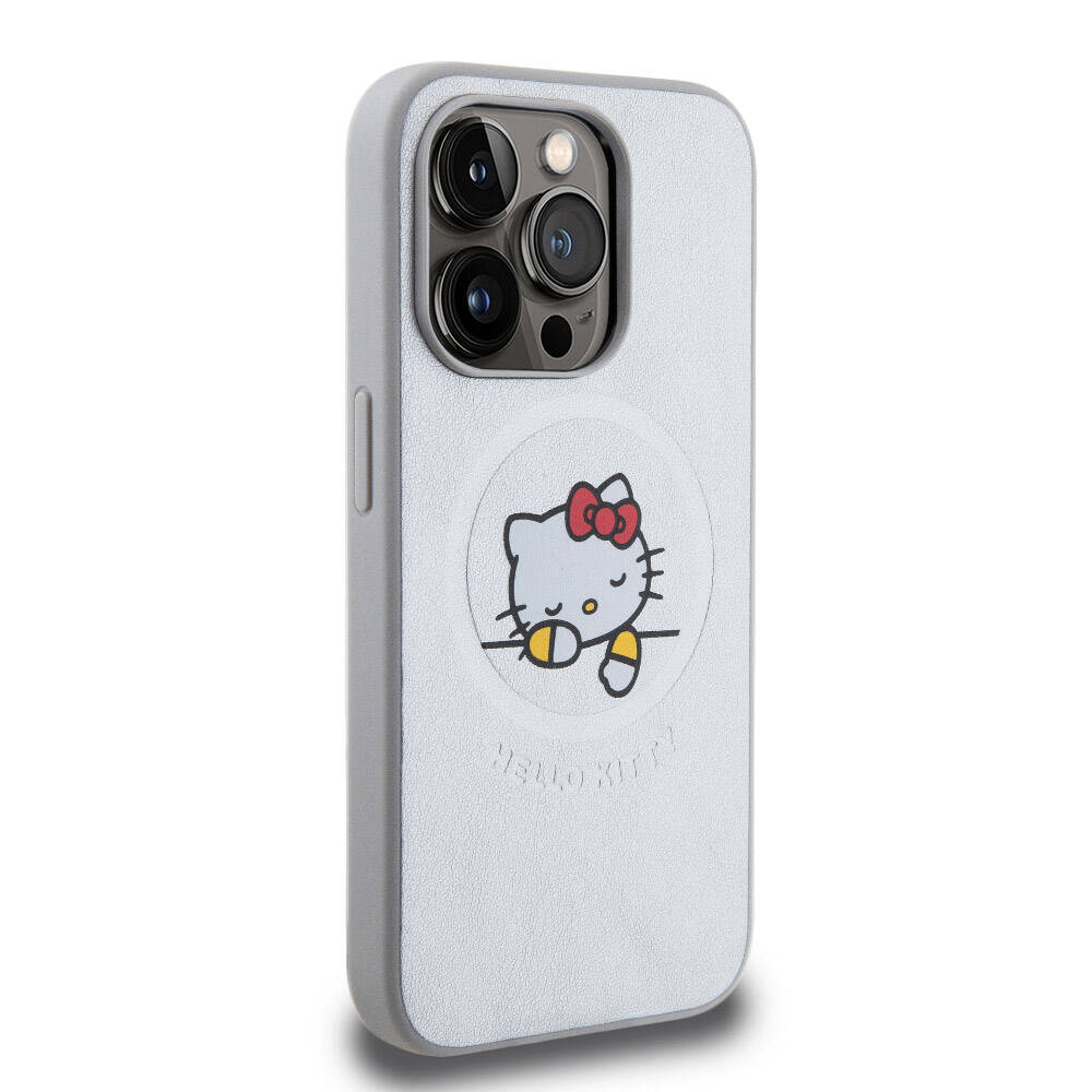 iPhone 15 Pro Kılıf Hello Kitty Orjinal Lisanslı Magsafe Şarj Özellikli Baskı Logolu Uyuyan Kitty Deri Kılıf Pembe