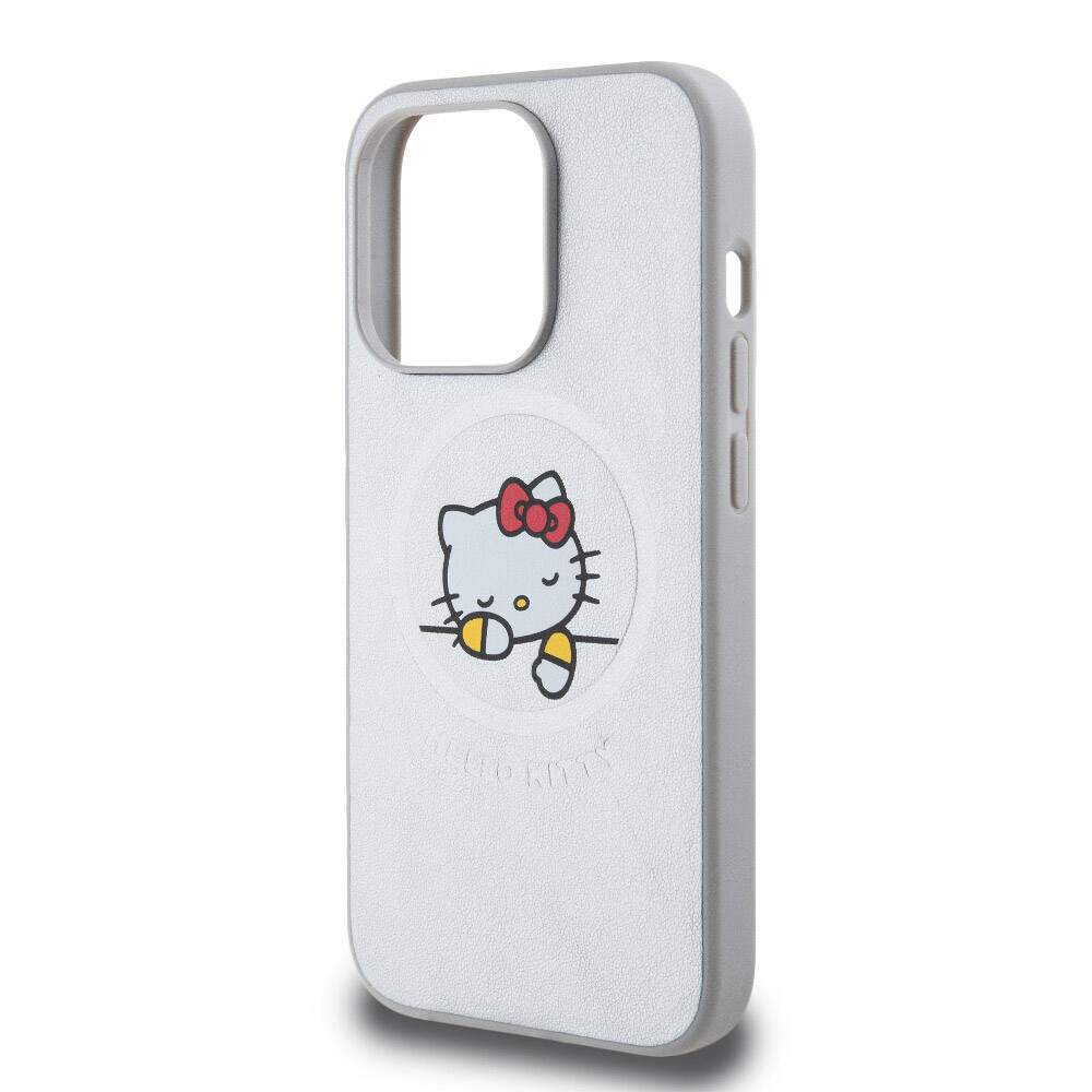 iPhone 15 Pro Kılıf Hello Kitty Orjinal Lisanslı Magsafe Şarj Özellikli Baskı Logolu Uyuyan Kitty Deri Kılıf Pembe