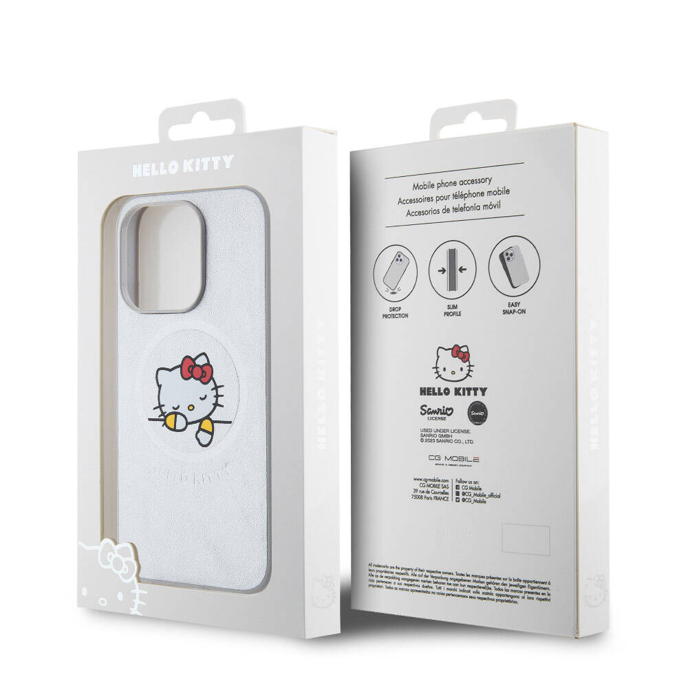 iPhone 15 Pro Kılıf Hello Kitty Orjinal Lisanslı Magsafe Şarj Özellikli Baskı Logolu Uyuyan Kitty Deri Kılıf Pembe