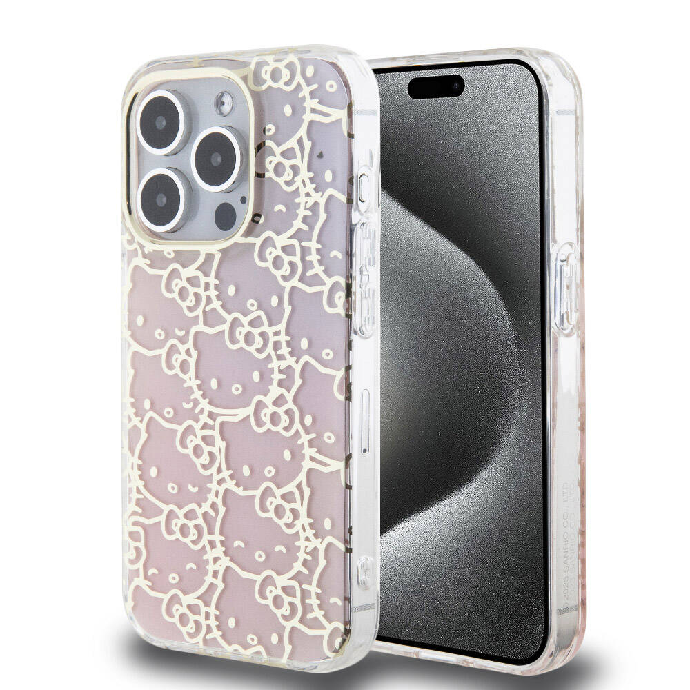 iPhone 15 Pro Kılıf Hello Kitty Orjinal Lisanslı Renk Geçişli Elektroplating Kaplama Kitty Head Desenli Kılıf Pembe