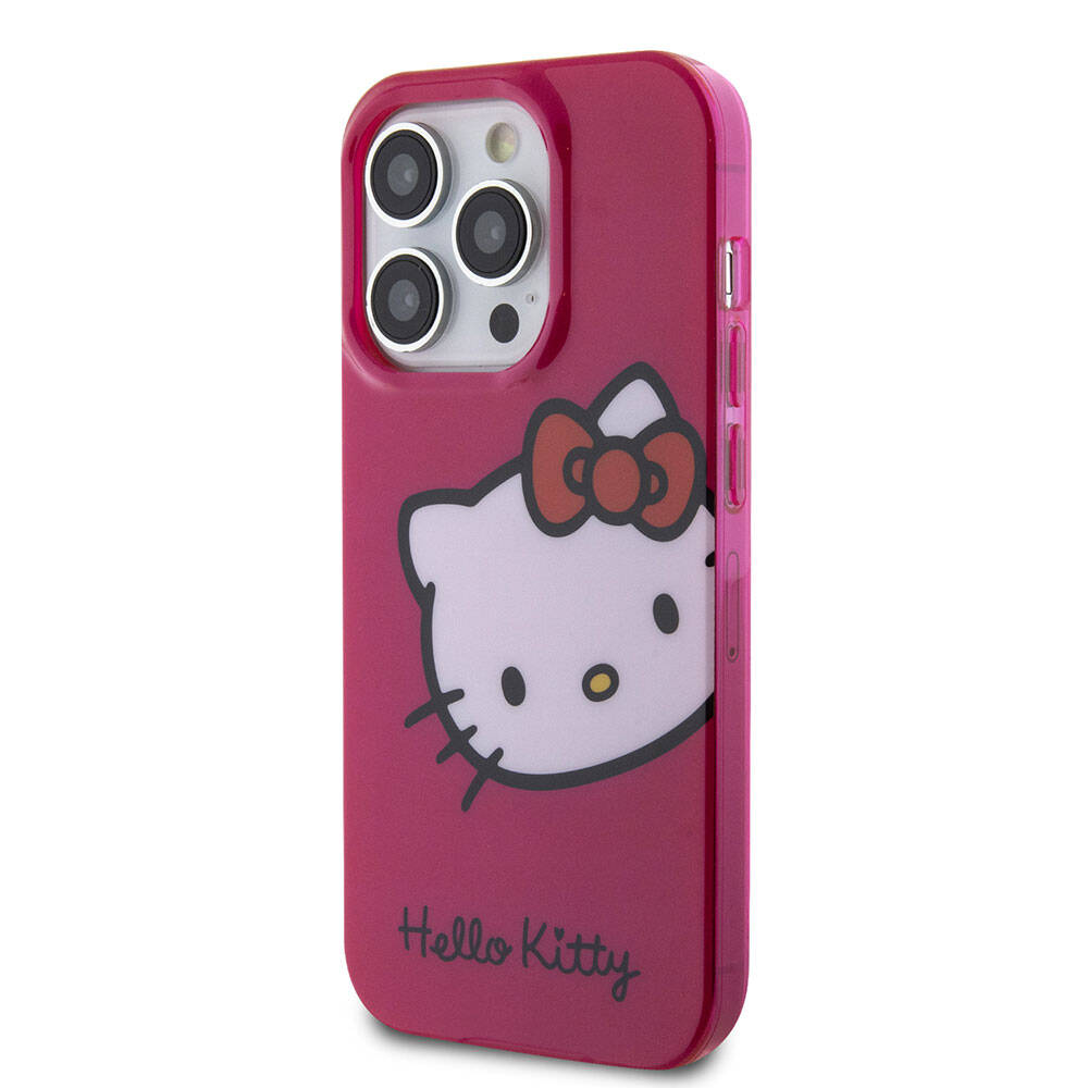 iPhone 15 Pro Kılıf Hello Kitty Orjinal Lisanslı Yazı ve İkonik Logolu Kitty Head Kılıf Pembe