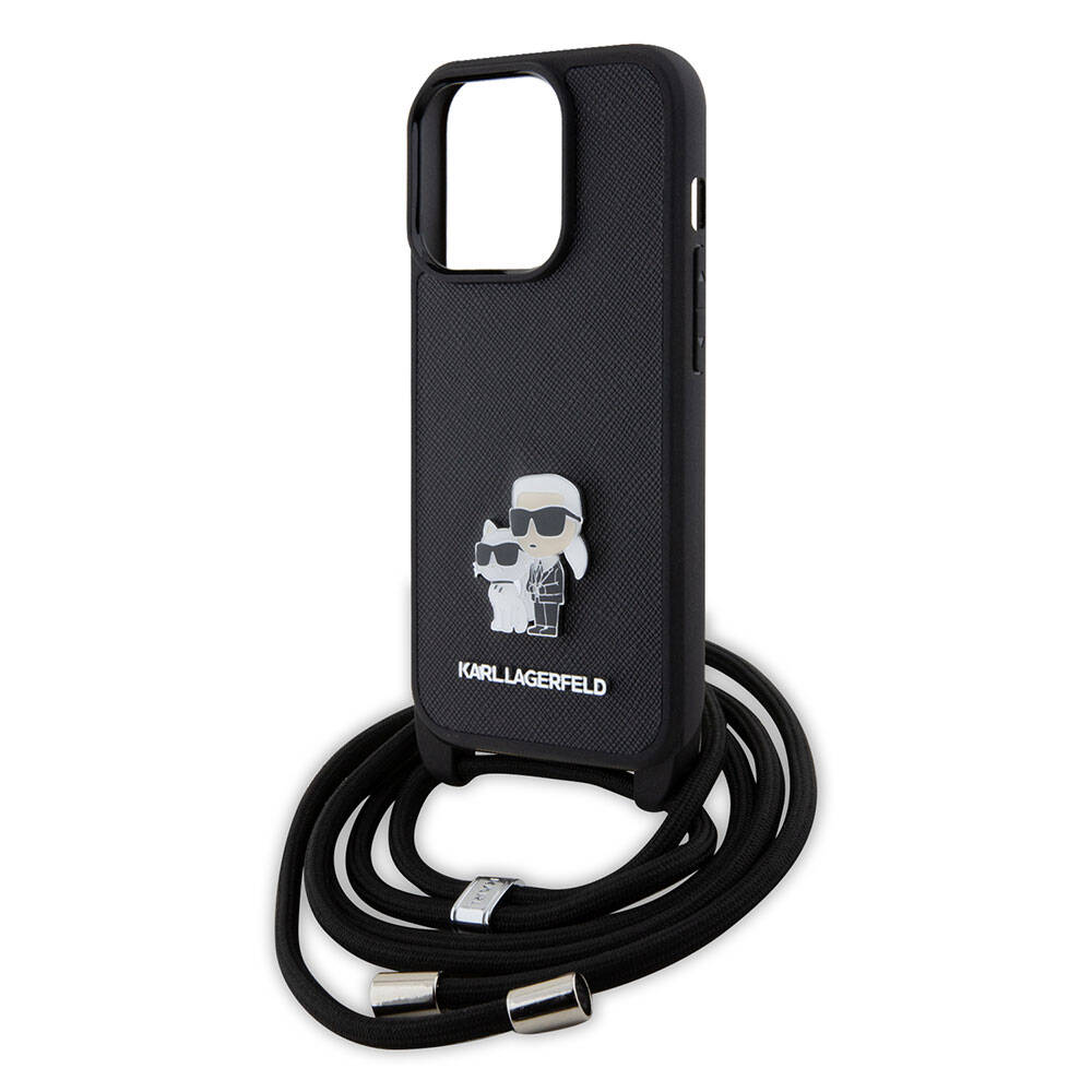 iPhone 15 Pro Kılıf Karl Lagerfeld Askı İpli K&C Metal Logo Orjinal Lisanslı Kılıf Siyah