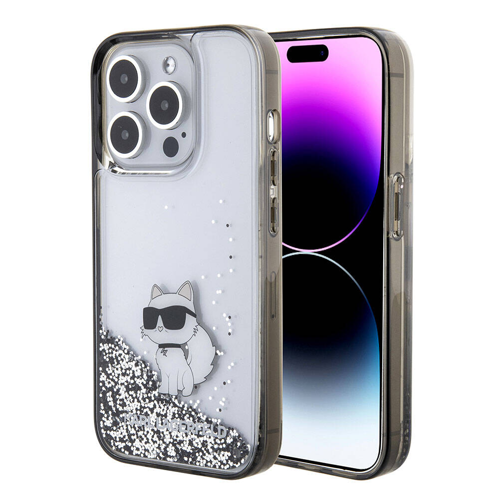 iPhone 15 Pro Kılıf Karl Lagerfeld Choupette Sıvılı Glitter Orjinal Lisanslı Kılıf Renksiz