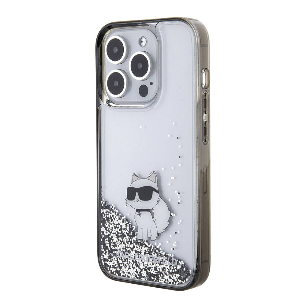 iPhone 15 Pro Kılıf Karl Lagerfeld Choupette Sıvılı Glitter Orjinal Lisanslı Kılıf Renksiz