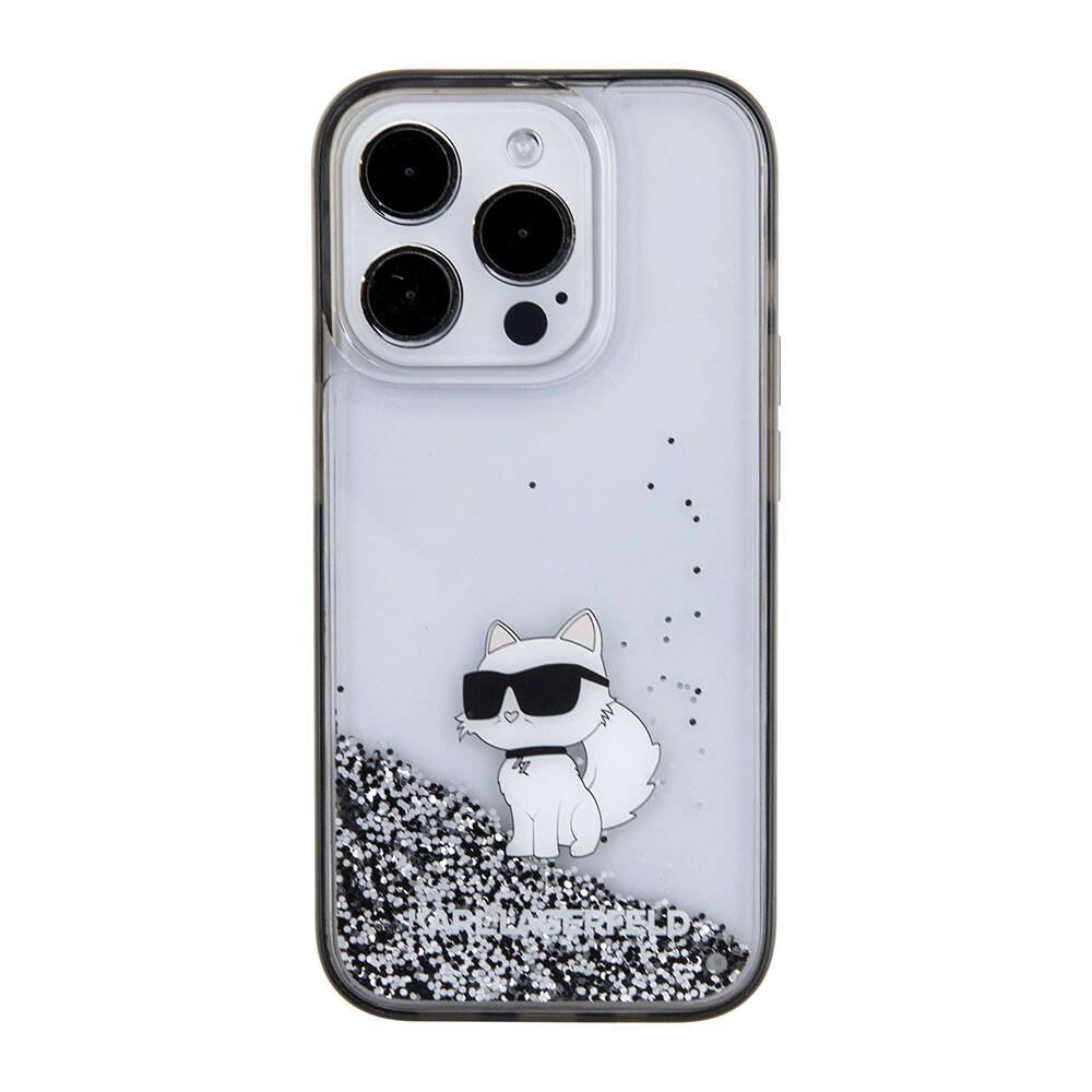 iPhone 15 Pro Kılıf Karl Lagerfeld Choupette Sıvılı Glitter Orjinal Lisanslı Kılıf Renksiz