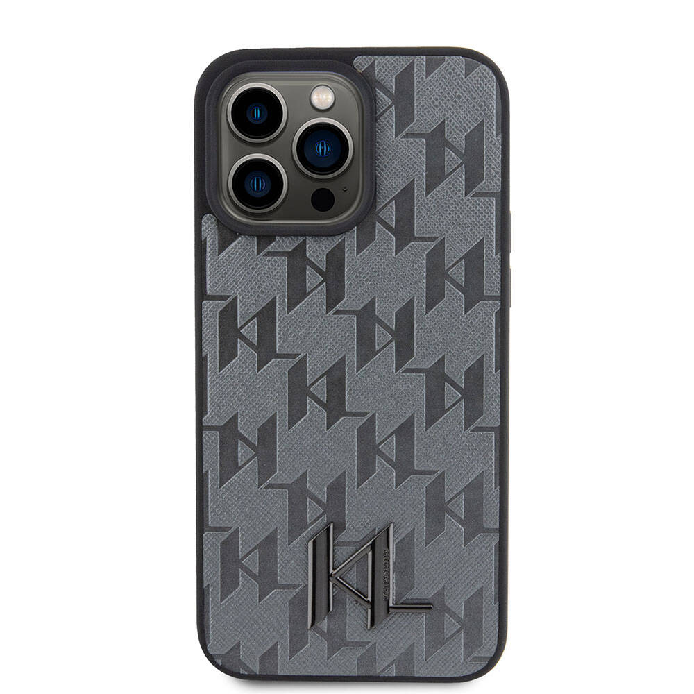 iPhone 15 Pro Kılıf Karl Lagerfeld Hot Stamp K&L Metal Logo Orjinal Lisanslı Kılıf Gri
