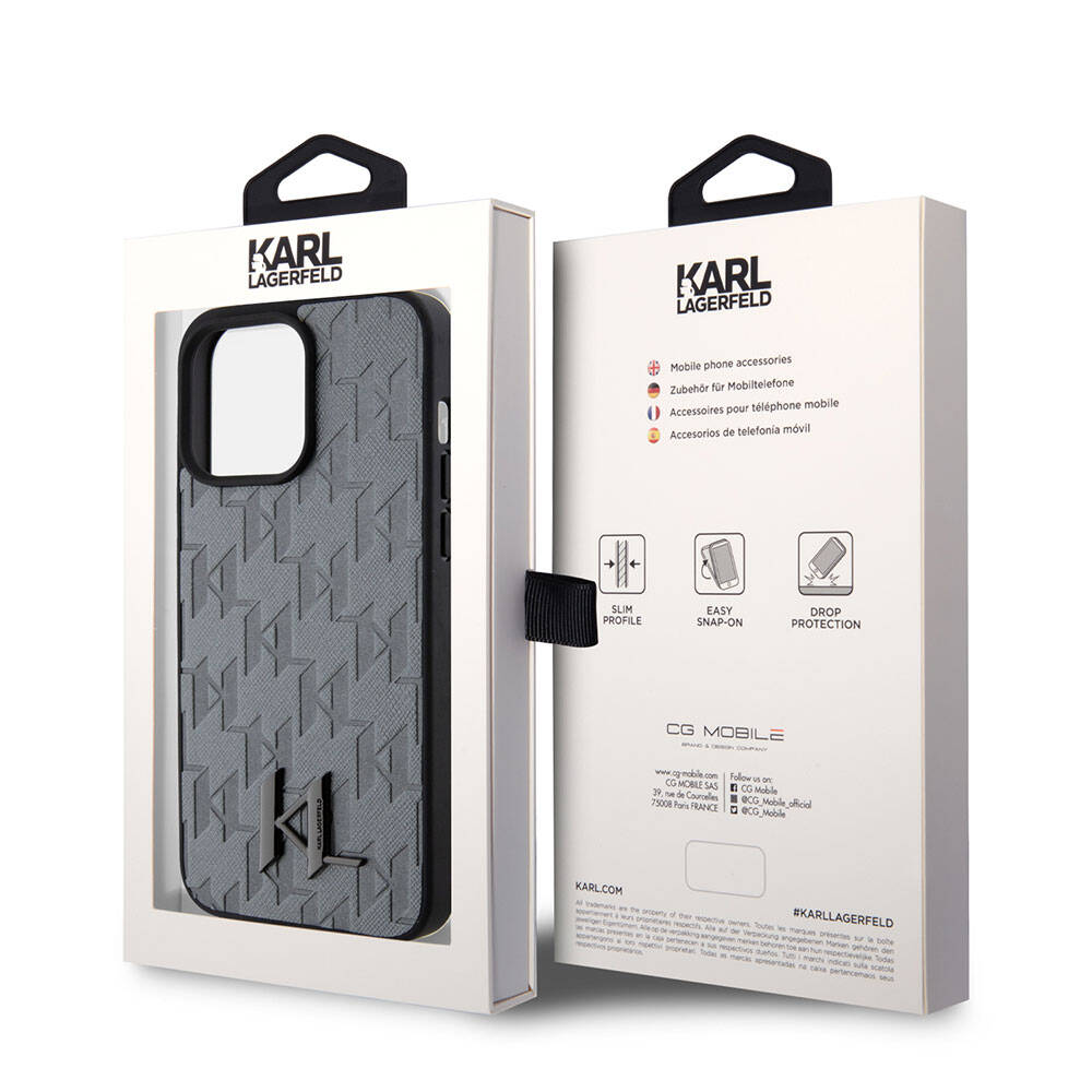 iPhone 15 Pro Kılıf Karl Lagerfeld Hot Stamp K&L Metal Logo Orjinal Lisanslı Kılıf Gri