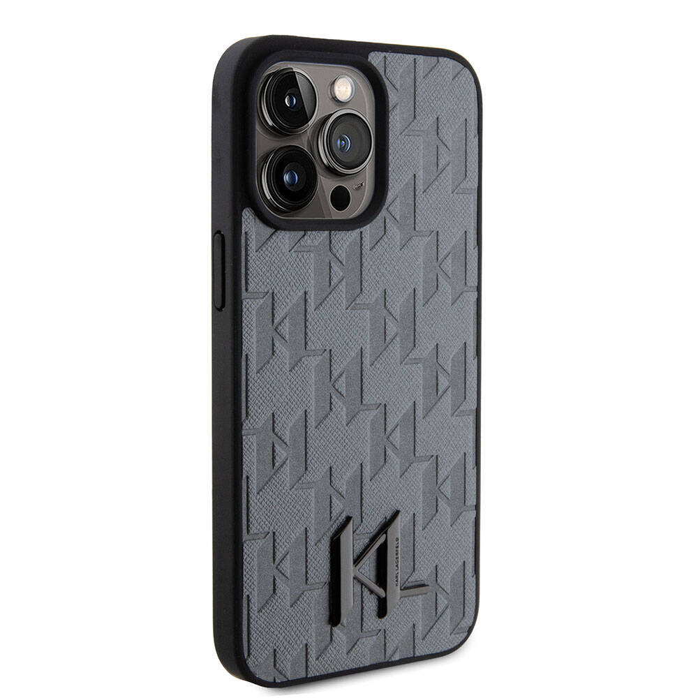 iPhone 15 Pro Kılıf Karl Lagerfeld Hot Stamp K&L Metal Logo Orjinal Lisanslı Kılıf Gri